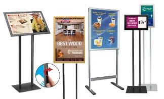 Adjustable Pedestal Floor Stand with Rotating and Tilting Sign Frame for  11” x 17” Menus, Posters and Signs