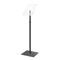 Angled Acrylic Sign Holder Top Panel for 8.5"x 11" Messages, Menus, and Graphics, Pedestal Floor Stand with 12" Steel Base and Adjustable Telescopic Pole 26" - 50"