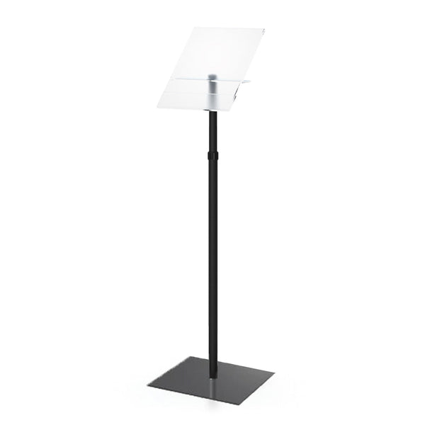 Angled Acrylic Sign Holder Top Panel for 8.5"x 11" Messages, Menus, and Graphics, Pedestal Floor Stand with 12" Steel Base and Adjustable Telescopic Pole 26" - 50"