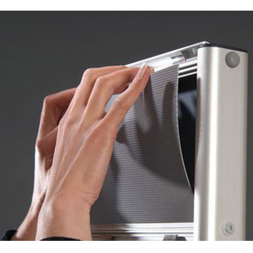 Easily curve your header supporter in place, then insert your printed material.