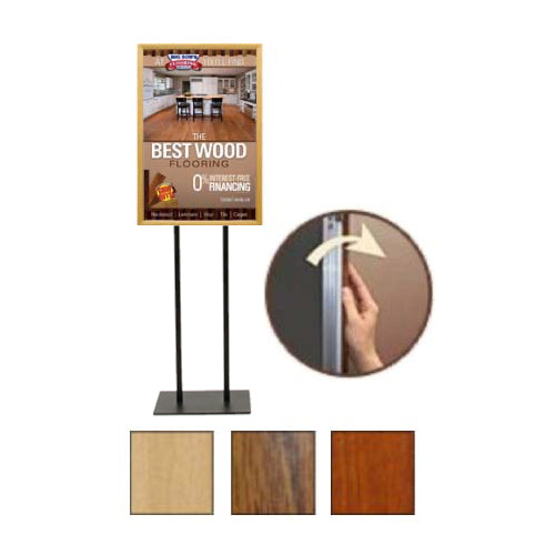 Double Pole Floor Stand 8.5x11 Sign Holder | Wood Snap Frame 1 1/4" Wide