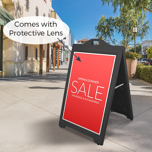 The Boss - A 24x36 Black Durable Plastic A-Frame with Lens is built with Thick, Heavy Plastic which eliminates the need for Sand or Water to Weigh Unit Down