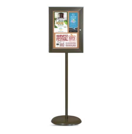 Floor Standing Enclosed Bulletin Board 18 x 24 | Pedestal Stand with Locking Display Case in Bronze Finish