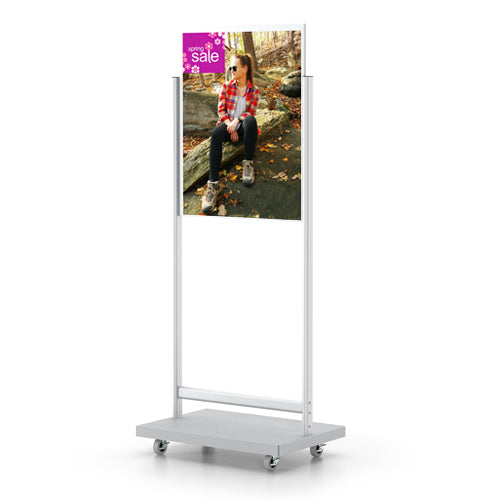 1 Tier Heavy Duty Rolling Powerhouse Poster Stand 65" Tall with 22x28 Top Load, Double-Sided Sign Holder Frame | Satin Silver Finish | Locking Wheels
