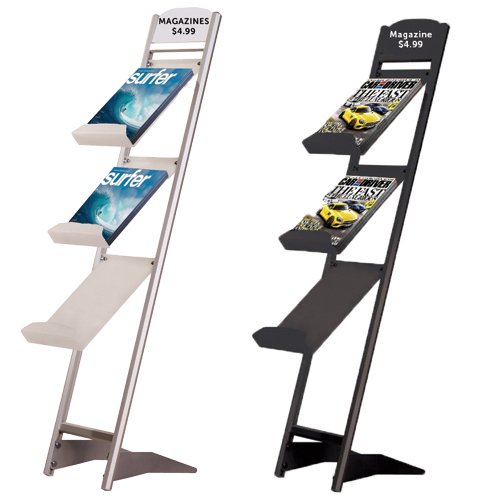 3 Tier Metal Brochure Display Stand with Header and Acrylic Shelves (which accept 8.5 x 11 Literature) are available in Black or Silver