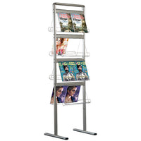 4-Tiered Metal Brochure Display Stand with Acrylic Shelves is 2-SIDED. Will accept (16) 8.5 x 11 Literature or (32) 4 x 9 Literature | Available in Silver