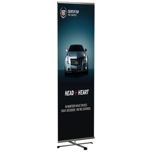 Single-Sided X-Cross Base Banner Display, stands at 78.75" TALL and is 23.62" WIDE. Perfect for conventions, events, tradeshows, stores, and more.