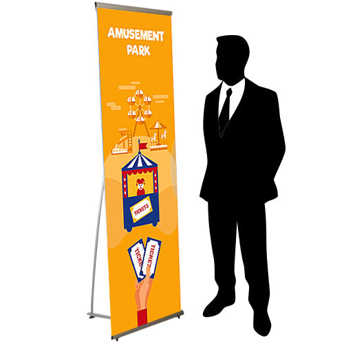 Visual of a 6 foot tall person next to the 80' tall banner stand.