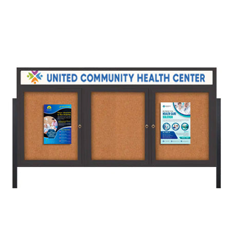 Freestanding 3 Door Enclosed Outdoor Bulletin Boards 72" x 30" Lighted w Message Header on Posts