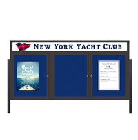Freestanding 3 Door Enclosed Outdoor Bulletin Boards 96" x 30" Lighted w Message Header on Posts