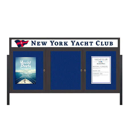 Freestanding 3 Door Enclosed Outdoor Bulletin Boards 96" x 30" Lighted w Message Header on Posts