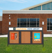 Freestanding 3 Door Enclosed Outdoor Bulletin Boards 96" x 30" Lighted w Message Header on Posts