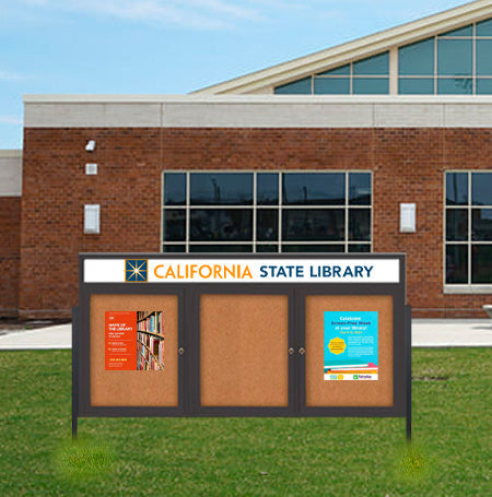 Freestanding 3 Door Enclosed Outdoor Bulletin Boards 96" x 30" Lighted w Message Header on Posts