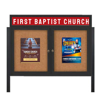 Outdoor Enclosed 42x32 Cork Bulletin Boards w Personalized HEADER (Radius Edge & Leg Posts) 2 DOORS