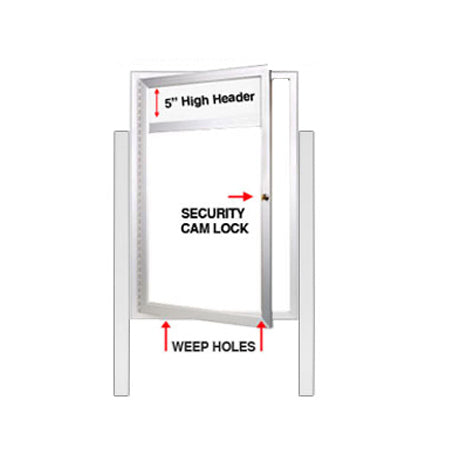 XL Outdoor Enclosed Dry Erase MarkerBoard Stand with Radius Edge, Header & Light - White Porcelain Steel