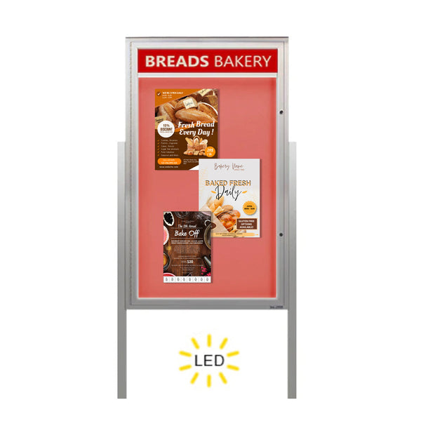 Free-Standing EXTREME WeatherPLUS™ Extra Large Outdoor Enclosed Poster Cases with Personalized Header + LED LIGHTS | Single Locking Door in 15+ Sizes