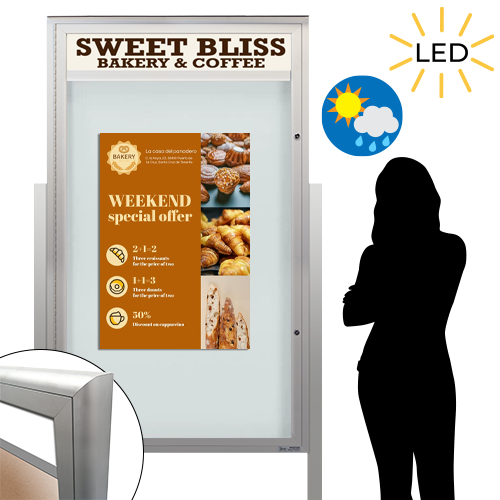 WeatherPLUS XL Radius Edge Outdoor Cork Board with Header, LEDs, Posts ...