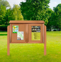 Double Door 48x48 Outdoor Message Center with Enclosed Cork Bulletin Board Standing on Two Leg Posts