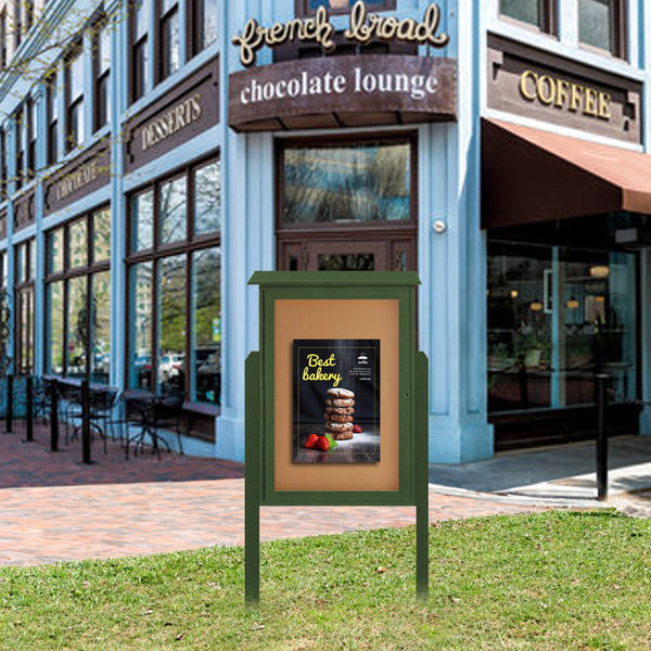 30" x 36" Outdoor Message Center Cork Board | LEFT Hinged - Single Door with Posts Information Board