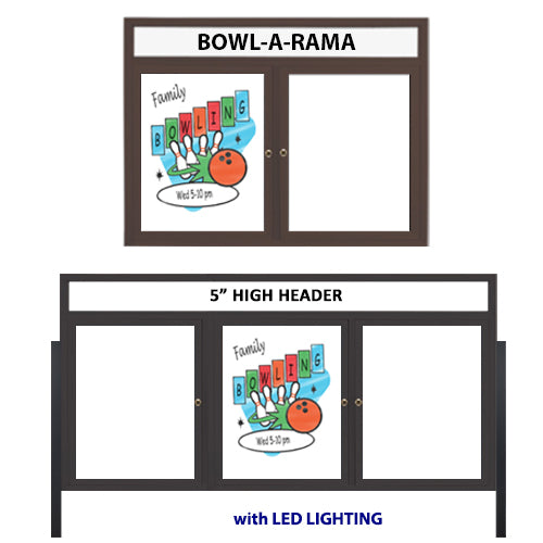 Outdoor Enclosed Dry Erase Markerboard with Posts Header and LED Lights (2 and 3 Doors) - White Porcelain Steel