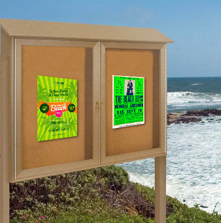 Double Door 48x36 Outdoor Message Center with Enclosed Cork Bulletin Board Standing on Two Leg Posts