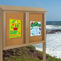 Double Door 60x30 Outdoor Message Center with Enclosed Cork Bulletin Board Standing on Two Leg Posts