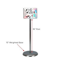 14 x 11 Poster Pedestal Literature Holder Floorstand in a Silver Chrome Finish. Perfect for any INDOOR use in your restaurant, mall, lobby, office building, school, etc.