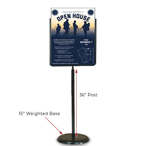 22 x 28 Poster Pedestal Literature Holder Floorstand in a Black Finish. Perfect for any INDOOR use in your restaurant, mall, lobby, office building, school, etc. 