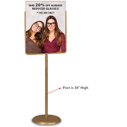 22 x 28 Poster Pedestal Literature Holder Floorstand in a Gold Finish. Perfect for any INDOOR use in your restaurant, mall, lobby, office building, school, etc.