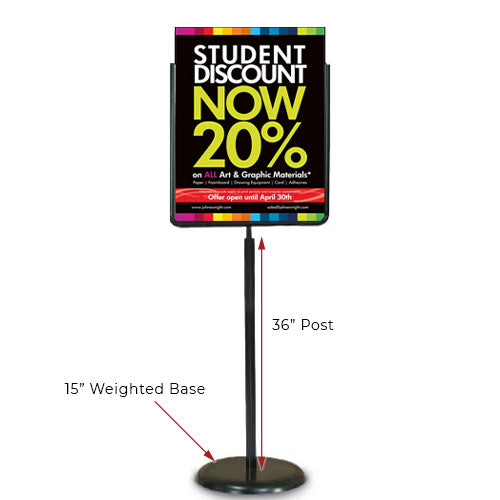 24 x 36 Poster Pedestal Literature Holder Floorstand in a Black Finish. Perfect for any INDOOR use in your restaurant, mall, lobby, office building, school, etc. 