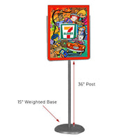 24 x 36 Poster Pedestal Literature Holder Floorstand in a Silver Chrome Finish. Perfect for any INDOOR use in your restaurant, mall, lobby, office building, school, etc.
