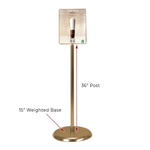 7 x 11 Poster Pedestal Literature Holder Floorstand in a Gold Finish. Perfect for any INDOOR use in your restaurant, mall, lobby, office building, school, etc.