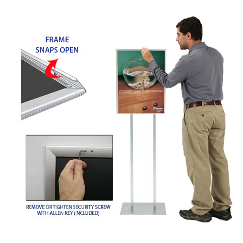 Double Pole Poster Floor Stand 8x10 Sign Holder with SECURITY SCREWS on Snap Frame 1 1/4" Wide
