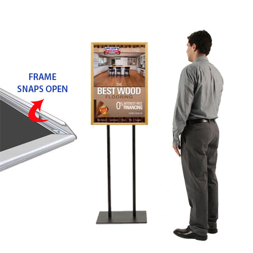 Double Pole Floor Stand 11x14 Sign Holder | Wood Snap Frame 1 1/4" Wide