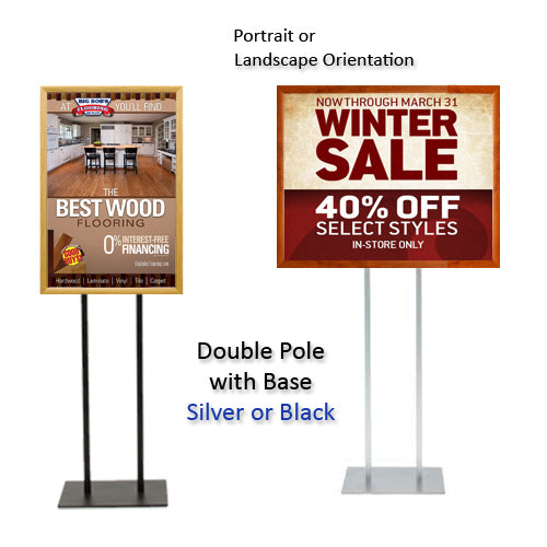 Double Pole Floor Stand 24x36 Sign Holder | Wood Snap Frame Style with 1 1/4" Wide Profile in 3 Faux Wood Finishes - Choose One or Two Frames