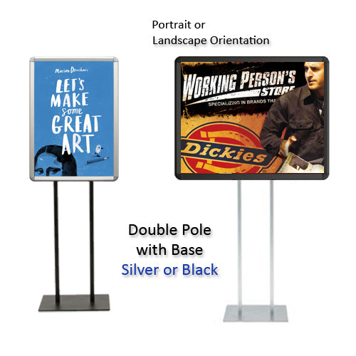 Double Pole Floor Stand 12x36 Sign Holder | Snap Frame (with Radius Corners)