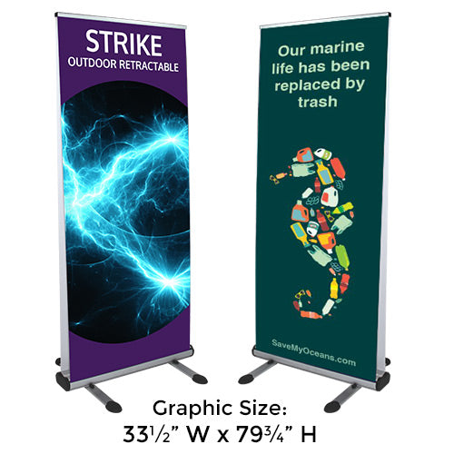 Strike Outdoor Retractable Stand Weighted Base holds TWO 33 1/2" Wide x 79 3/4" High Banners | Available in Silver.