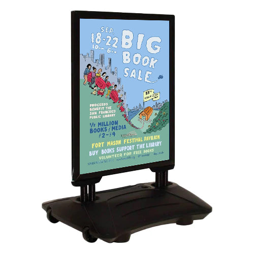 Street Master Rolling Wind Pavement Sign Stand with Fillable Water Base for 24” x 36” Posters and Signs