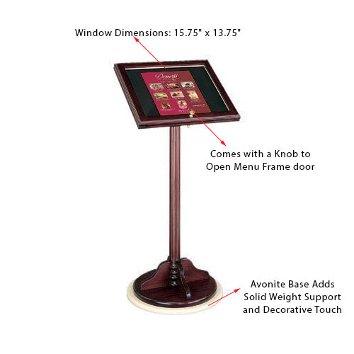 ULTRA-LUXURY Wooden Angled Sign Stand is constructed of Hardwood with a Weighted Avonite Base. Viewing Window Displays 15.75" Wide x 13.75" High