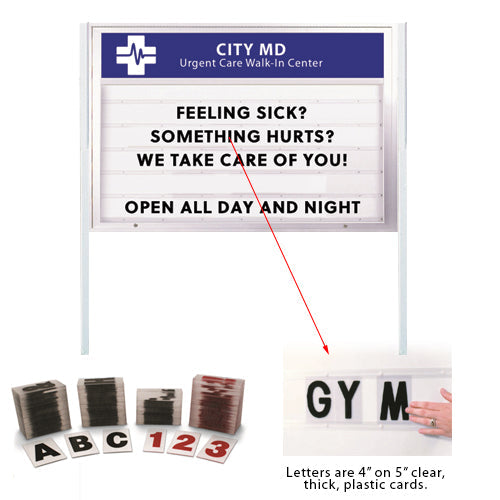 Enclosed Freestanding 96x48 Reader Board with Personalized Header + 2 Posts is DOUBLE SIDED with 300 characters included. Easily slide them in and out to update your message with optional lights.