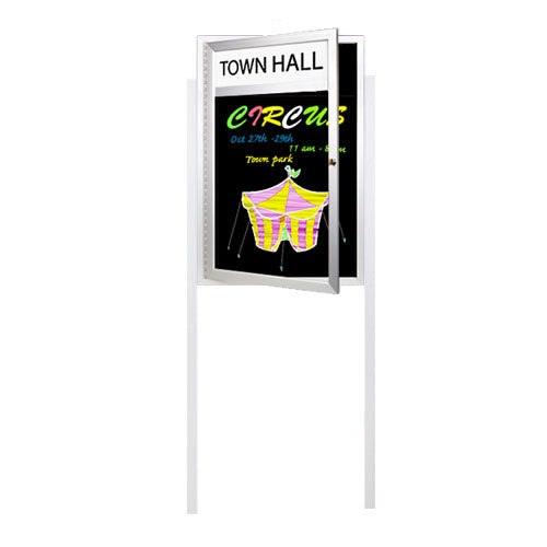 FreeStanding XL Outdoor Dry Erase Marker Board SwingCases with Header & LED Light (Magnetic Porcelain Steel Gloss Black Board )