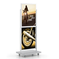2 Tier Heavy Duty Rolling Powerhouse Poster Stand 65" Tall with 22x28 Top Load, Double-Sided Sign Holder Frame | Satin Silver Finish | Locking Wheels
