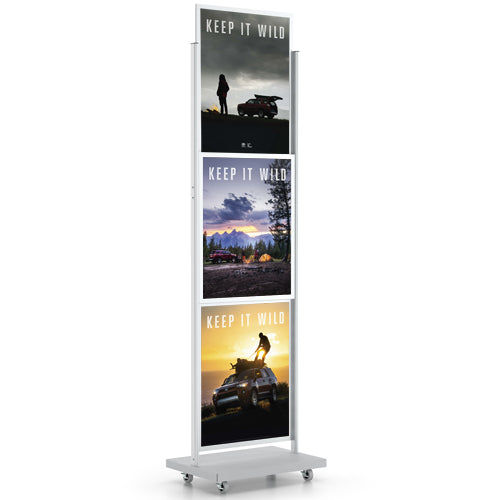 3 Tier Heavy Duty Rolling Powerhouse Poster Stand 94" Tall with 22x28 Top Load, Double-Sided Sign Holder Frame | Satin Silver Finish | Locking Wheels