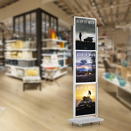 Heavy Duty 22x28 Rolling Powerhouse Poster Display Stand | 3 Tier, Silver Finish