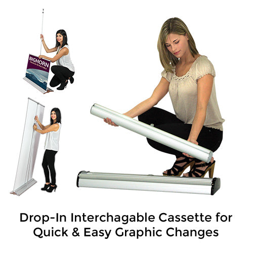 Bighorn Retractable Banner Stand features Drop-In Interchageable Cassette for Quick and Easy Graphic Changes