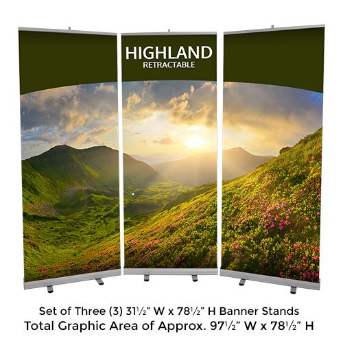 HIGHLAND Set of (3) 31.5" W x 78.5" H Retractable Banner Stands | Single Sided | Three Stands Combine to Create Approx. 97" Display