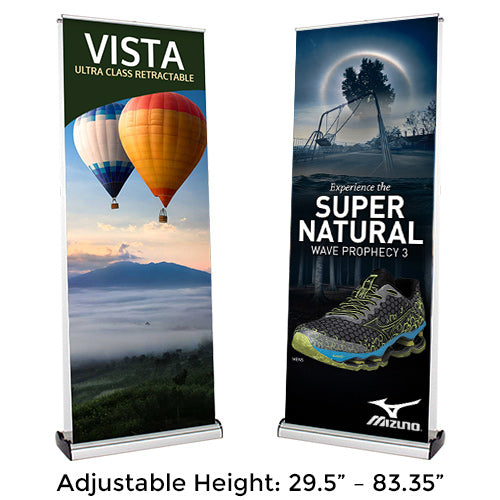 VISTA 31.5" Wide Ultra Class Retractable Banner Stands | Double Sided | Adjusts in Height 29.5" to 83.35" with Telescopic pole and Premium Grip Rail